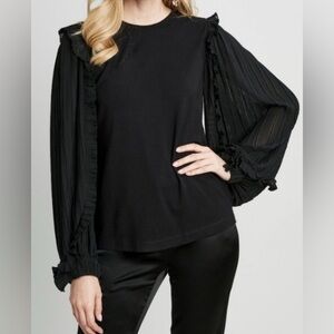 ELIE TAHARI ruffled chiffon balloon sleeve black stretch blouse office party M